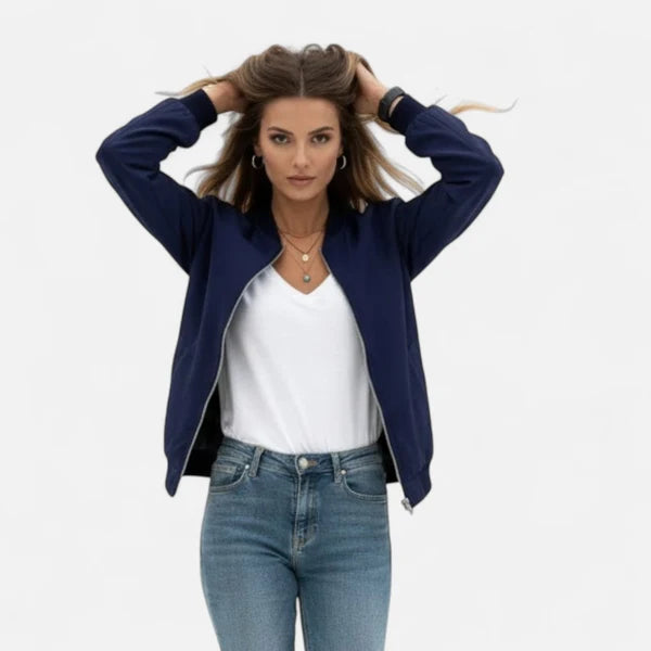 Women’s Minimalist Zip-Front Bomber Jacket with Round Neck