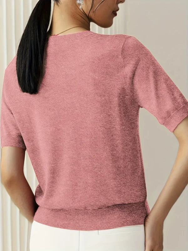 Women’s Lightweight Short-Sleeve Crew Neck Knit Top with Ribbed Trim