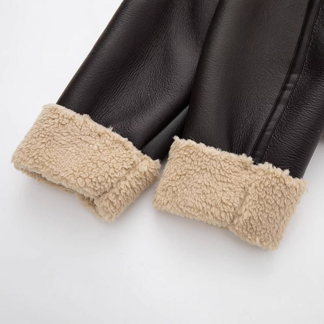 Women’s Faux Shearling Trim Jacket with Leather-Finish Exterior