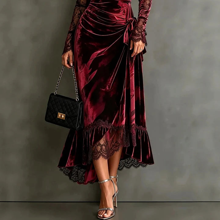 Women's Velvet Evening Gown with Floral Lace and Asymmetric Hem