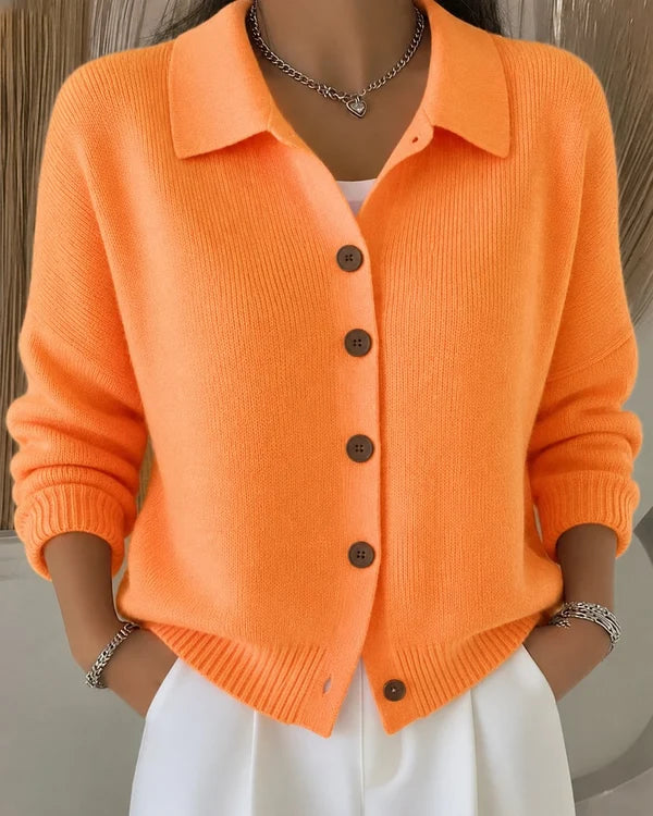 Women’s Lightweight Ribbed Polo Neck Button-Front Knit Cardigan