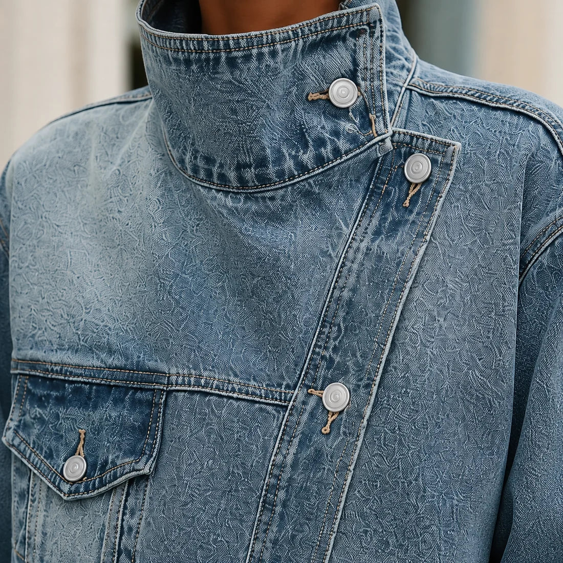 Women’s Oversized Washed Denim Jacket with Funnel Collar