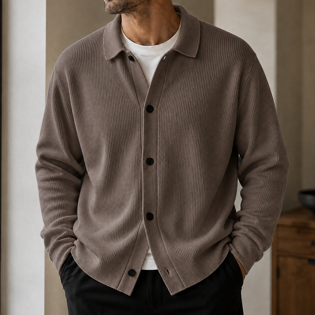 Men’s Ribbed Polo-Collar Button Cardigan