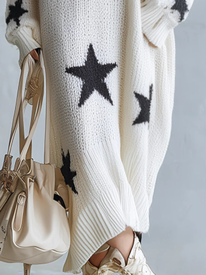 Women's Oversized Star Print Knit Maxi Dress with V-Neck