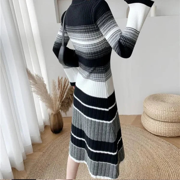 Women's Striped Ribbed Knit Midi Dress with Long Sleeves