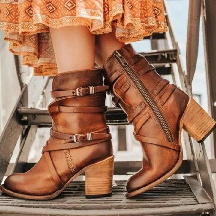 Women’s Suede Strappy Buckle Ankle Boots with Stacked Heel