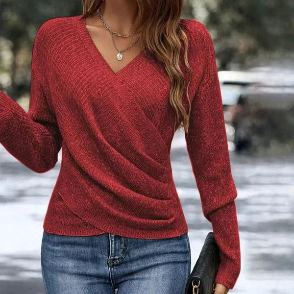 Women’s Draped V-Neck Wrap-Front Long-Sleeve Knit Top