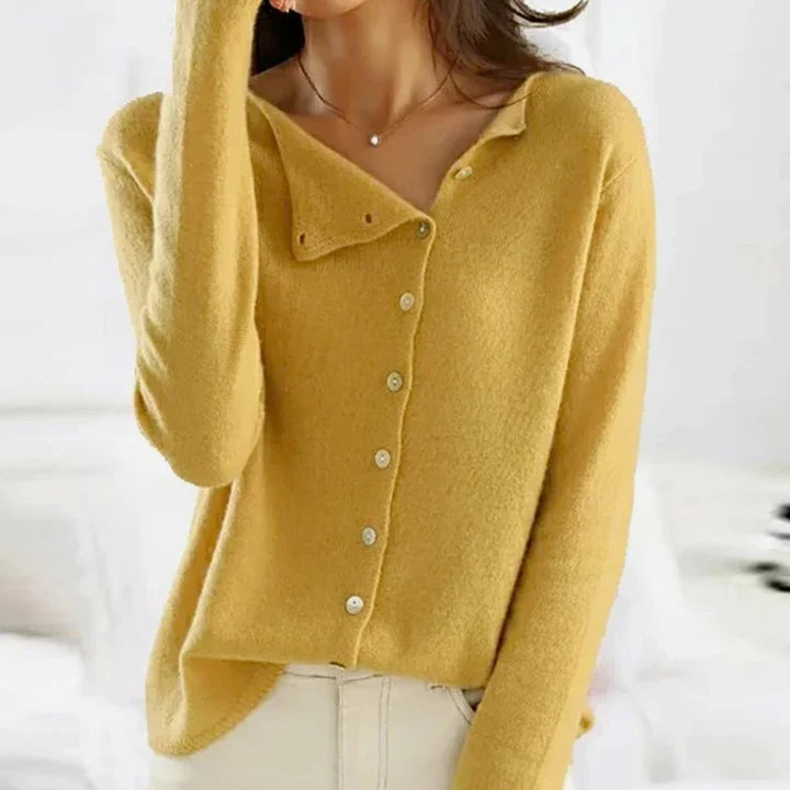 Women’s Draped Asymmetric V-Neck Knit Cardigan with Diagonal Button Front