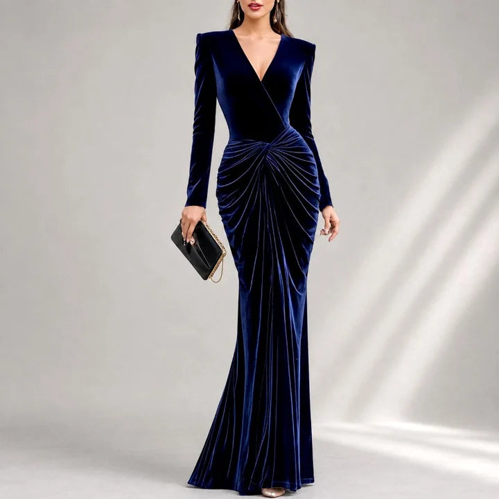 Women's Long Sleeve V-Neck Mermaid Gown with Ruched Waist