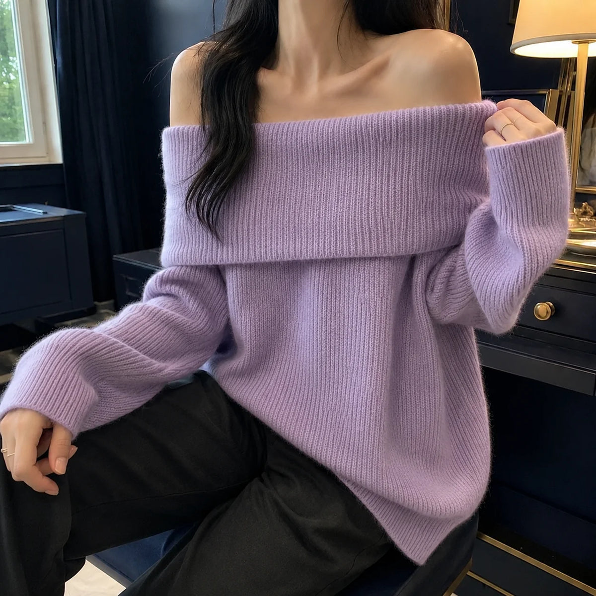 Women’s Foldover Neck Oversized Knit Sweater