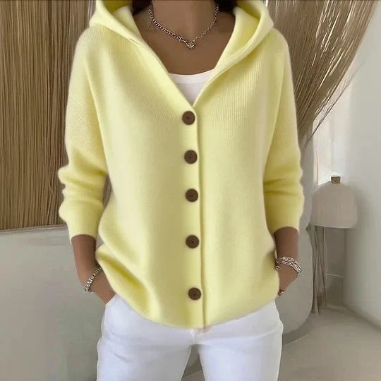 Women’s Soft Knit Hooded Button-Front Cardigan with Ribbed Cuffs