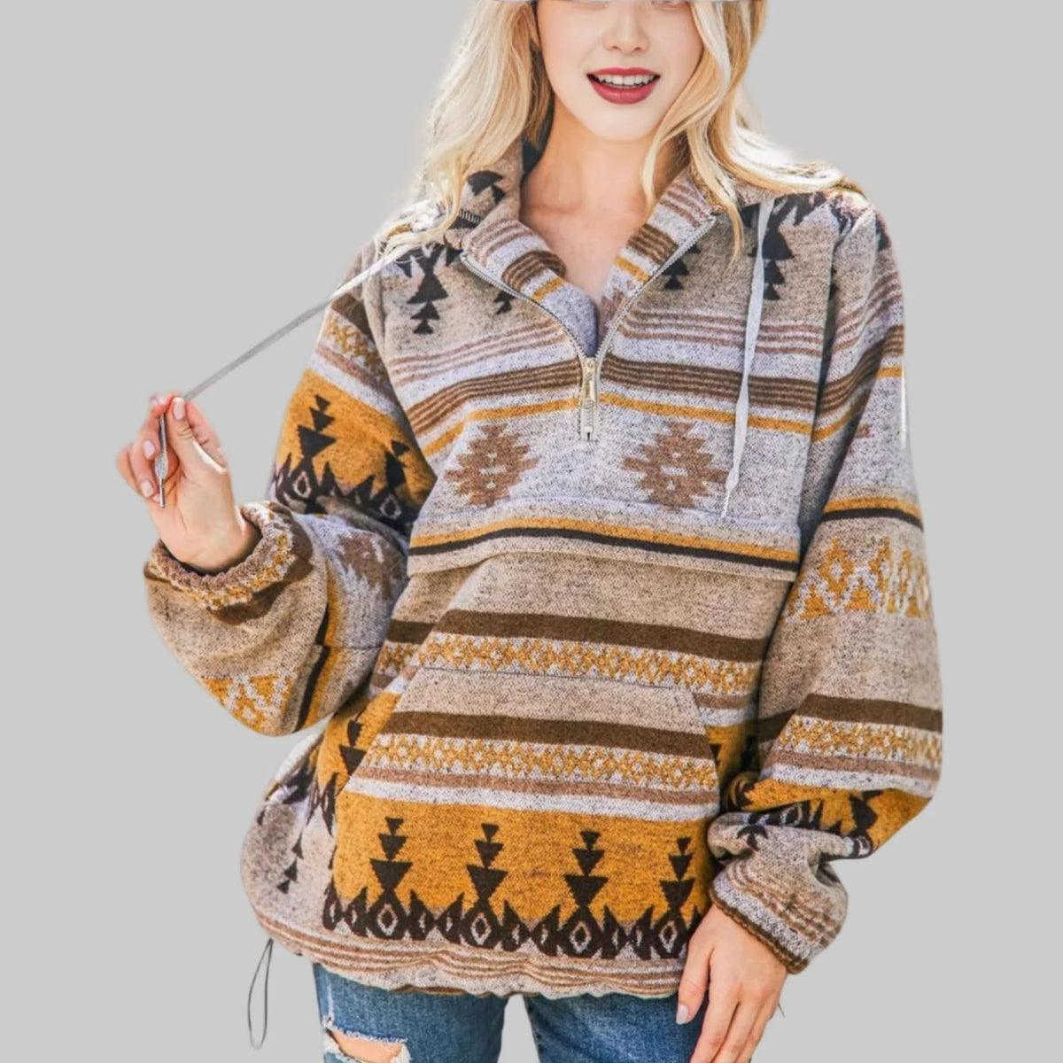 Women’s Geometric Pattern Half-Zip Hooded Pullover with Front Pocket