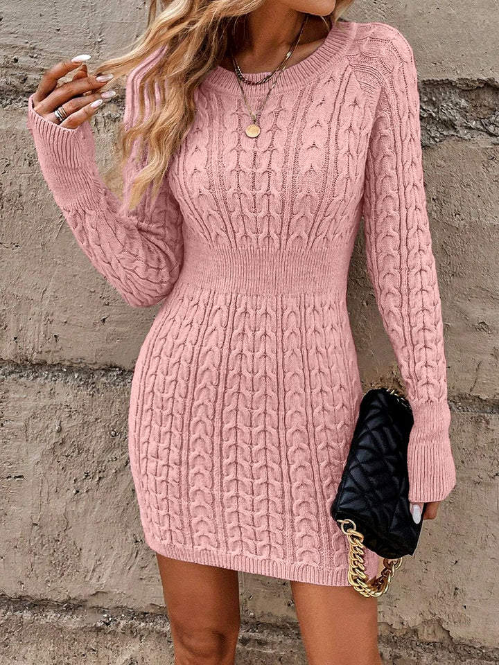 Women's Cable Knit Mini Sweater Dress with Defined Ribbed Waist
