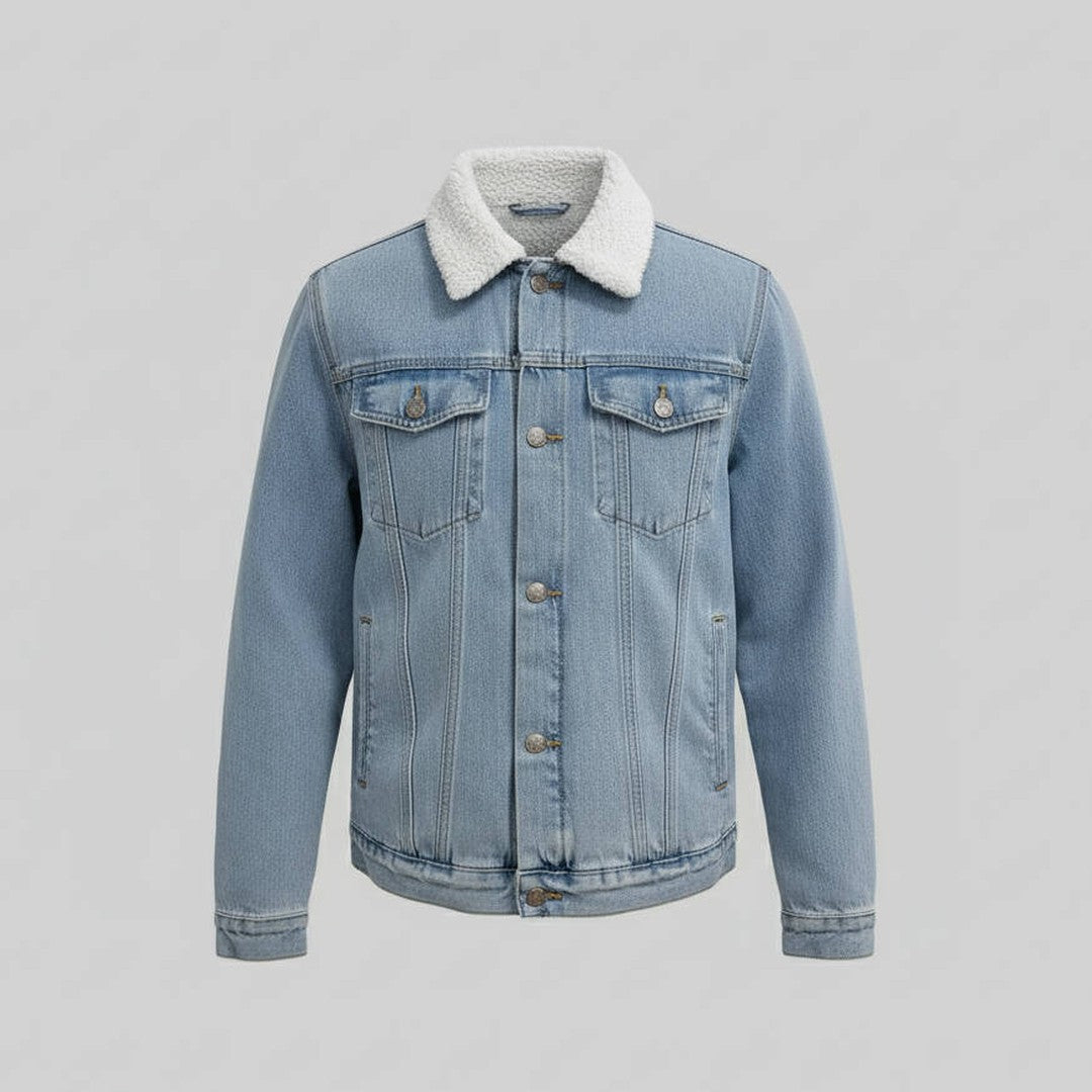Men’s Sherpa-Lined Denim Trucker Jacket with Turn-Up Collar