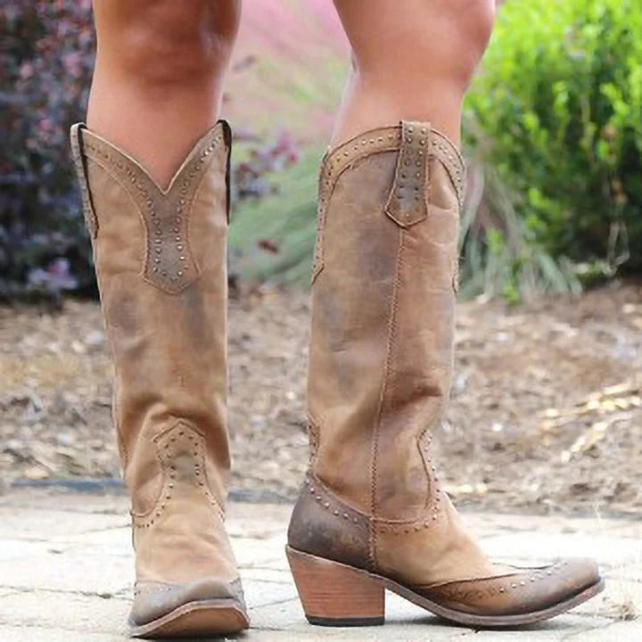 Women’s Studded Suede Cowboy Boots with Stacked Heel