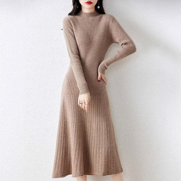 Women's High-Neck Ribbed Knit Dress with Flared Skirt