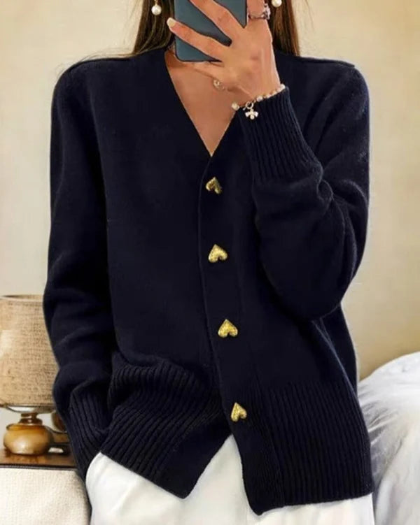 Women’s Soft Knit Heart Button Relaxed Cardigan with Ribbed Trim