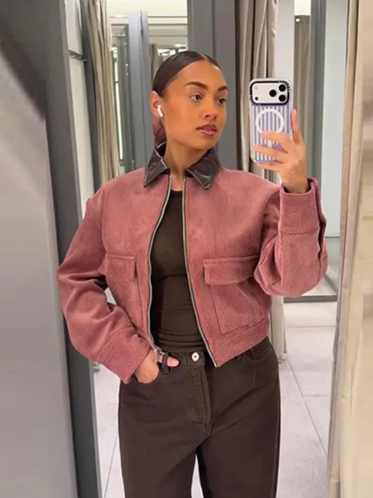 Women’s Cropped Textured Bomber Jacket with Zip Front and Sleeve Details