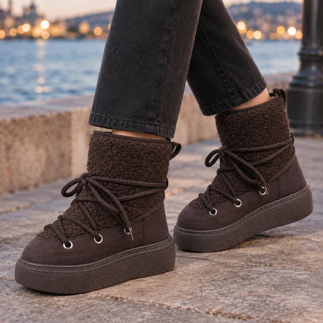 Women’s Cotton-Blend Platform Snow Boots with Wraparound Laces