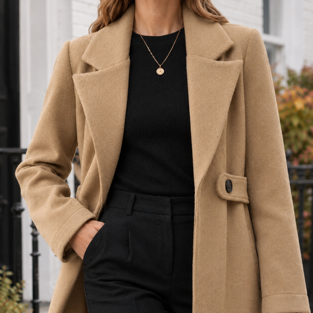 Women’s Straight-Cut Wool Longline Coat with Waist Tab