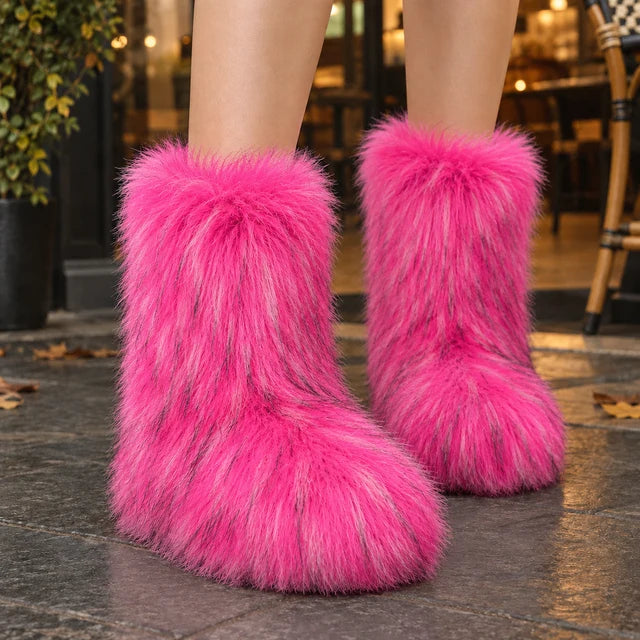 Women’s Mid-Calf Plush Boots with Rounded Toe and Flat Sole