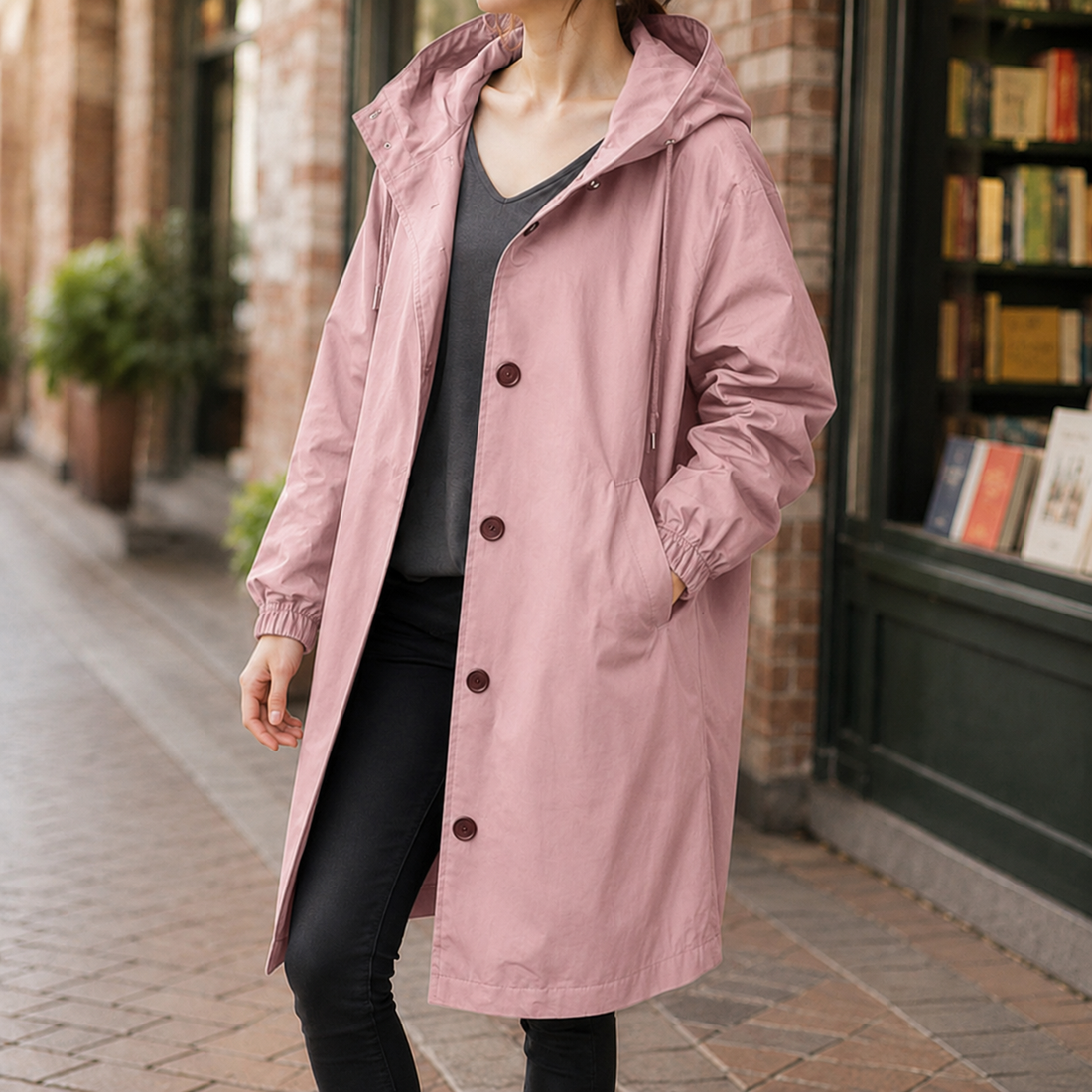 Women’s Relaxed Knee-Length Hooded Button Overcoat