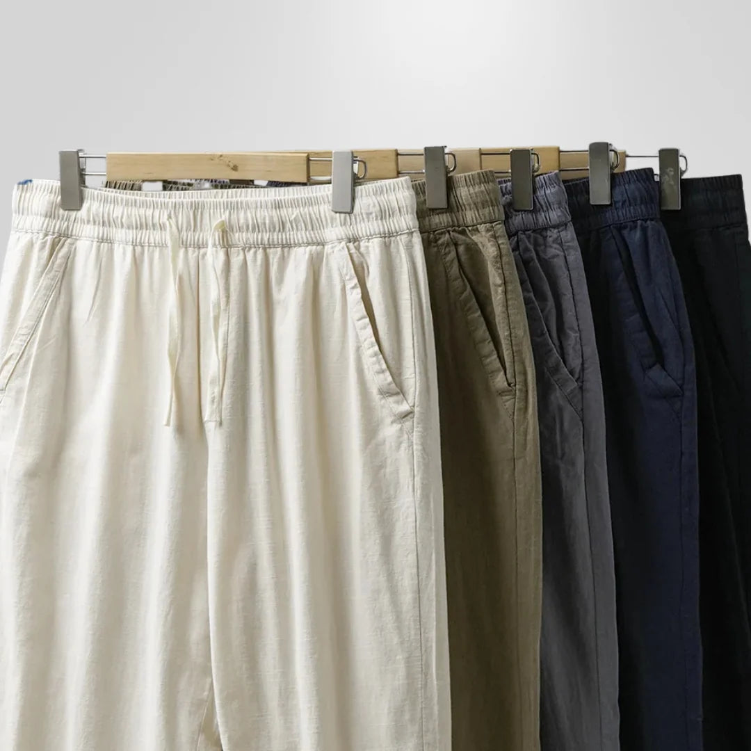 Men’s Relaxed Tapered Linen Trousers with Drawstring Waist