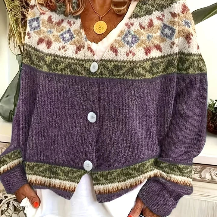 Women’s Fair Isle-Inspired Yoke V-Neck Button-Front Knit Cardigan