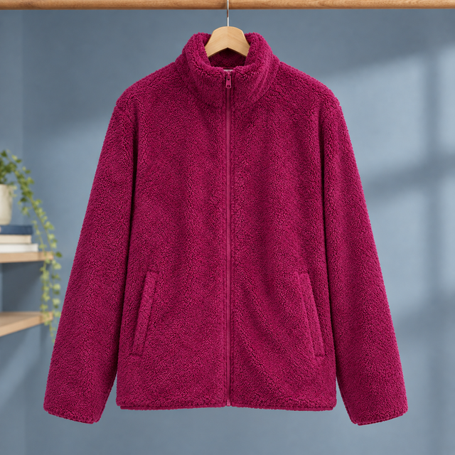 Women’s Plush Textured Zip Jacket with Stand Collar