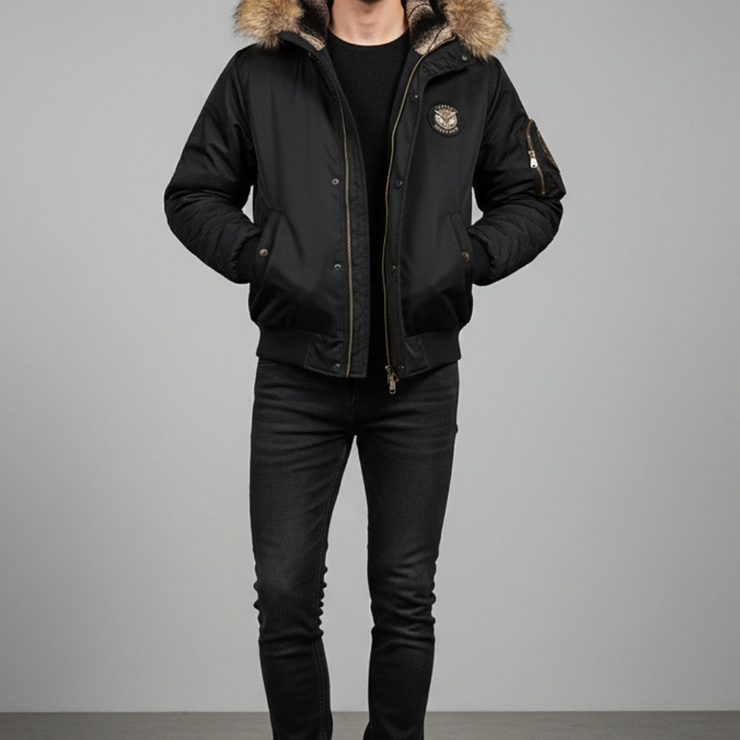 Men’s Quilted Bomber Jacket with Faux Fur-Trimmed Hood