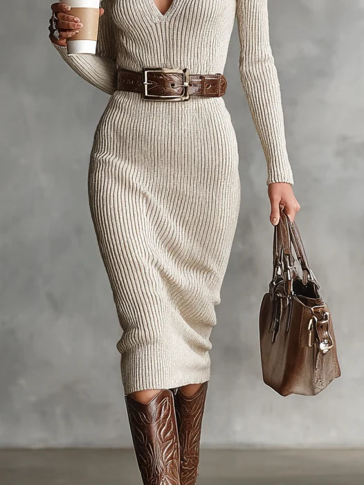 Women's Ribbed Knit Midi Sweater Dress with V-Neck and Adjustable Belt