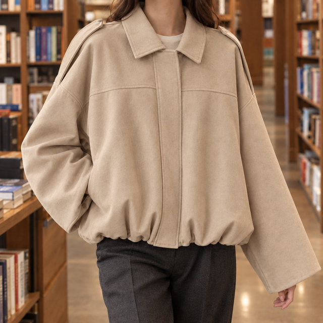 Cropped Suede Blouson Jacket with Gathered Hem