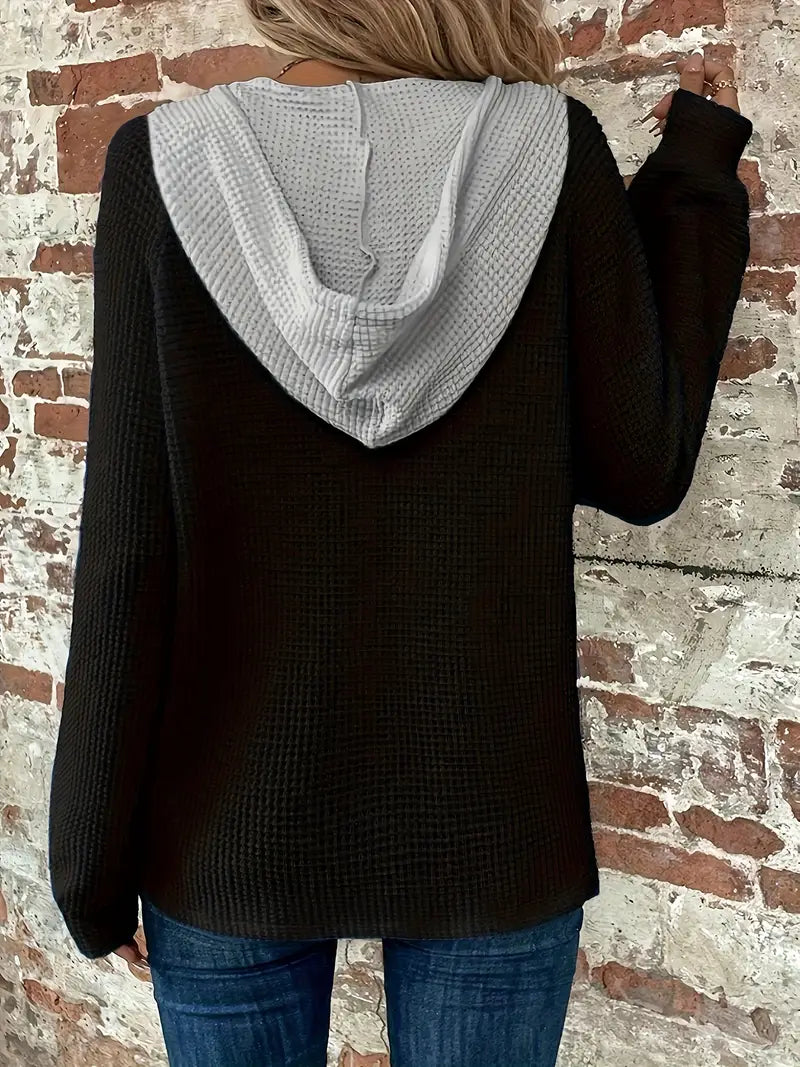 Women’s Waffle Knit Hooded Button-Front Long Sleeve Top