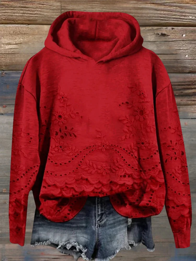 Women’s Floral Eyelet Scalloped Hem Pullover Hoodie
