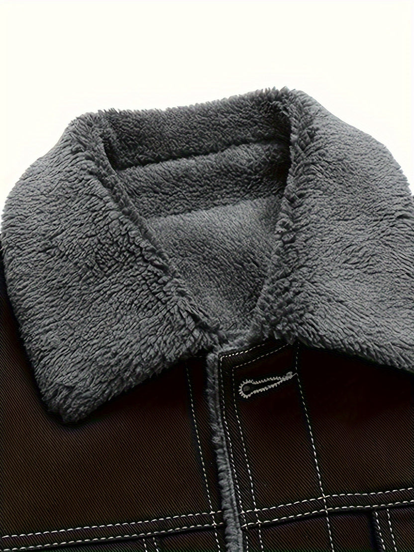 Men’s Fleece-Lined Washed Denim Jacket with Lapel Collar