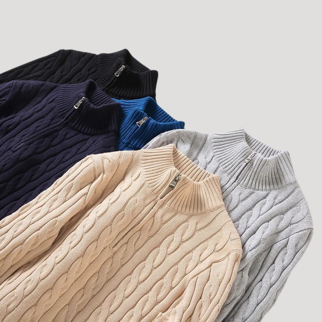 Men’s Classic Cable-Knit Half-Zip Wool Sweater