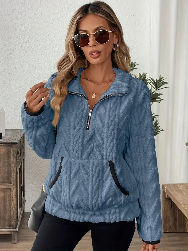 Women’s Cable-Textured Fleece Quarter-Zip Pullover with Kangaroo Pocket