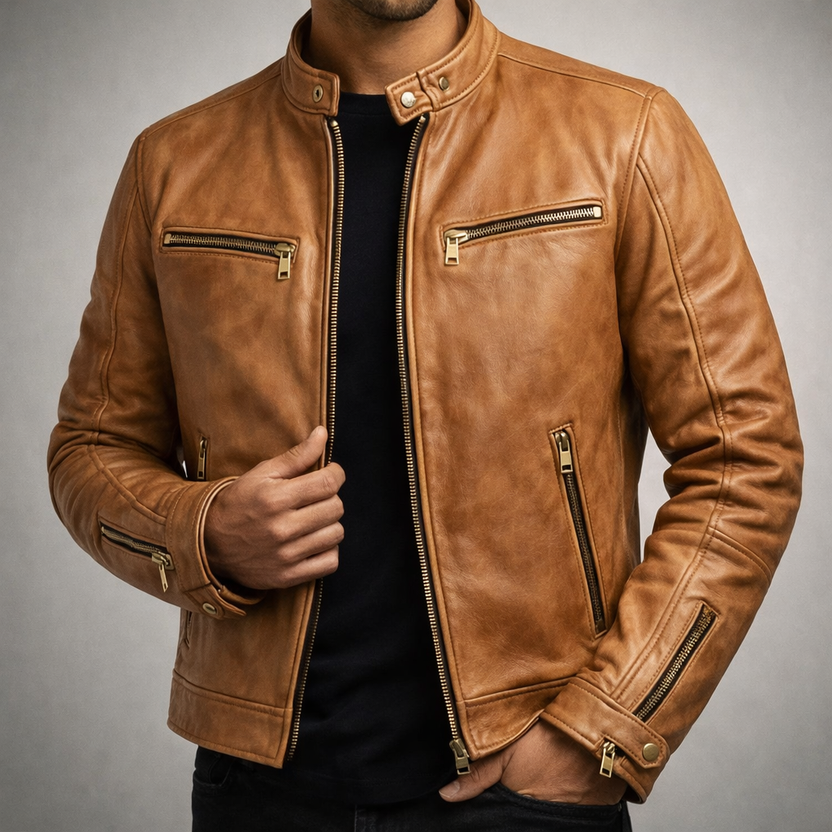 Men’s Distressed Leather Moto Jacket with Zip Pockets