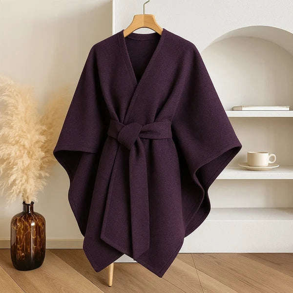 Women’s Windproof Belted Cape Coat with Draped Silhouette