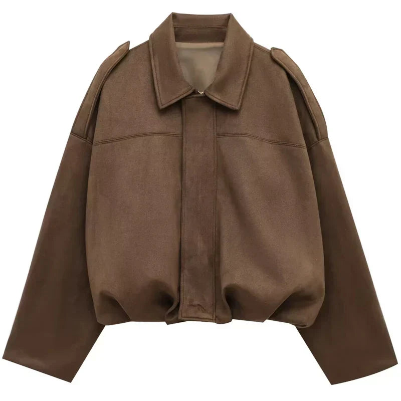 Women’s Oversized Cropped Bomber Jacket with Structured Collar and Zip Front