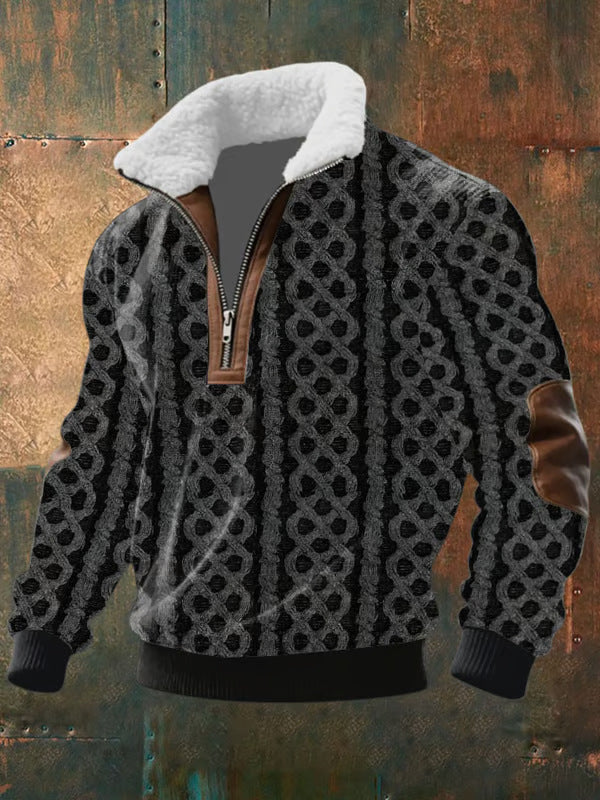 Men’s High Collar Faux Fur Zip-Up Knit Sweater