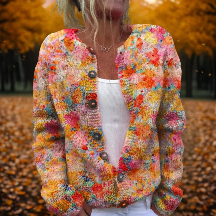 Women’s Watercolor Floral Textured Knit Relaxed Button-Front Cardigan