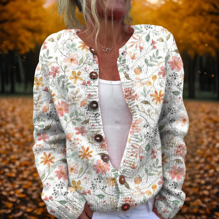 Women’s Textured Floral Knit Crew Neck Relaxed Button-Front Cardigan