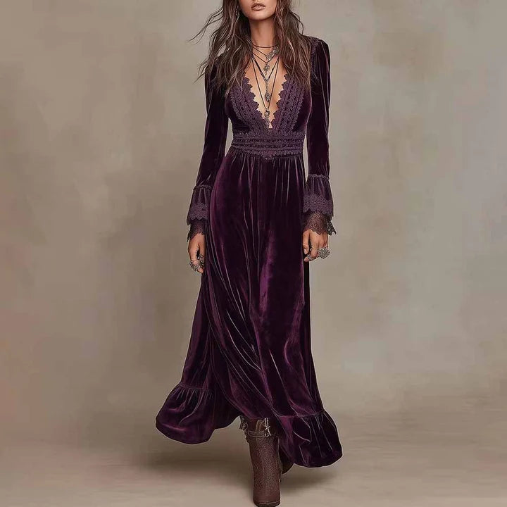 Women's Long Velvet Dress with Lace V-Neck and Ruffled Hem