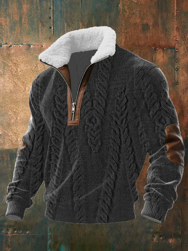 Men’s Faux Fur Collar Zip-Up Knit Pullover