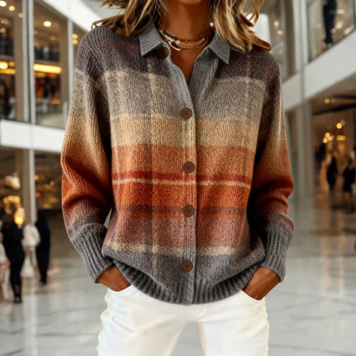 Women’s Ombre Plaid Collared Knit Button-Front Cardigan with Ribbed Trim