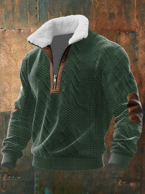 Men’s Faux Fur Collar Zip-Front Winter Knit Sweater