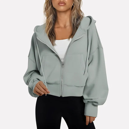 Women’s Cropped Zip-Up Hooded Jacket with Drawstring Detail