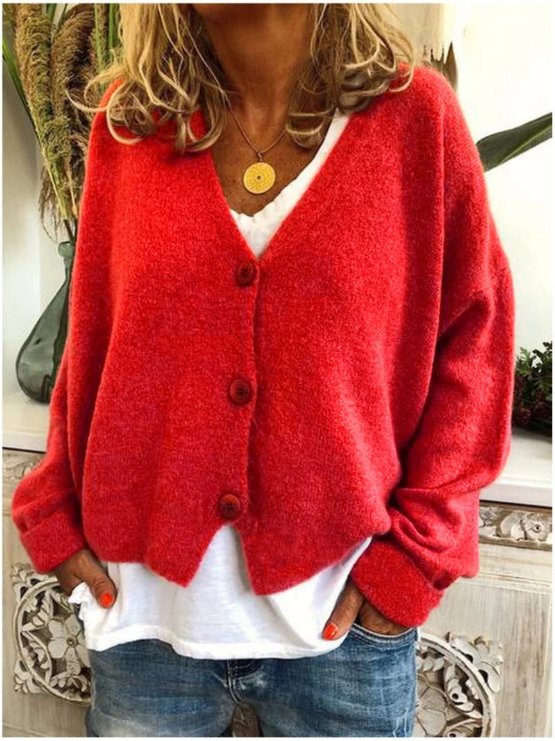 Women’s Cropped V-Neck Smooth Knit Button Cardigan