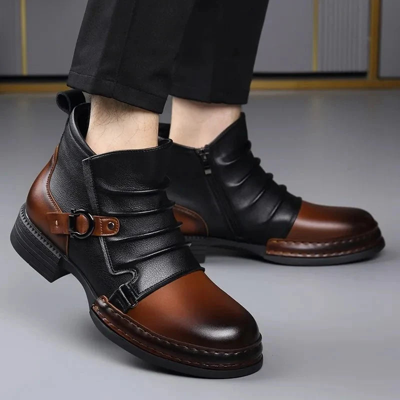 Men’s Leather Ankle Boots with Layered Fold and Buckle Detail